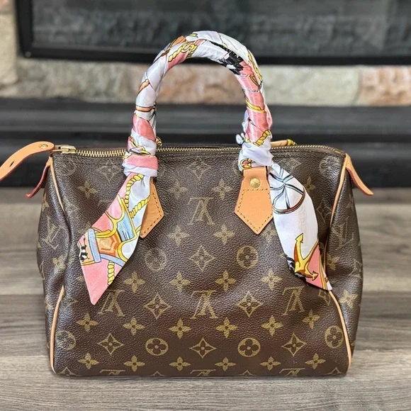 Louis Vuitton Speedy 25 Brown Monogram Satchel with Pink Scarf and Charm - Picture 5 of 16